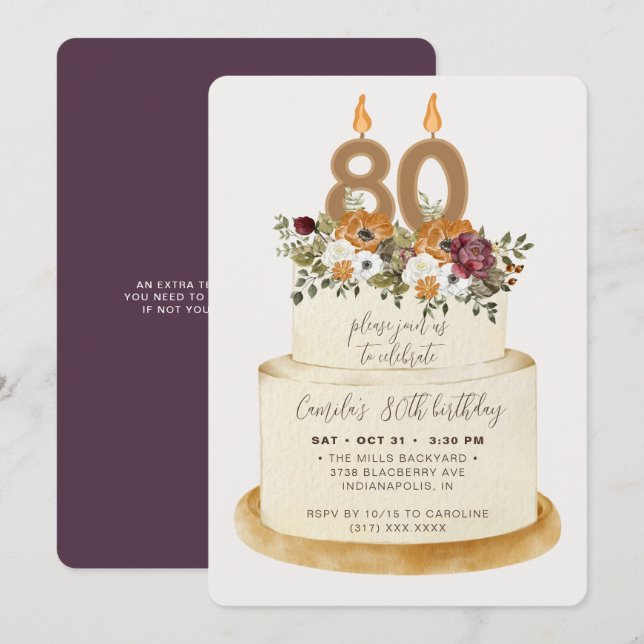 Chic Purple Fall Autumn 80th Birthday Cake Invitation (Front/Back)