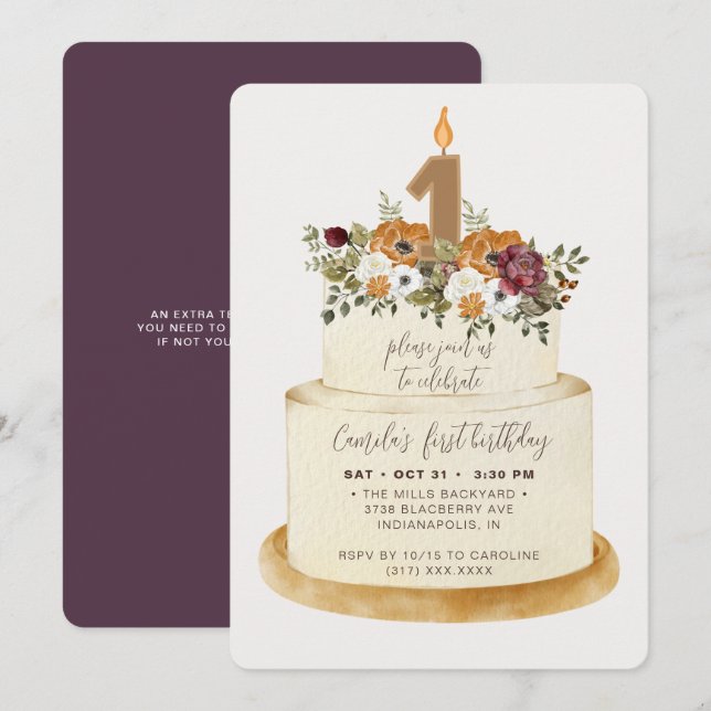 Chic Purple Fall Autumn First Birthday Cake Invitation (Front/Back)