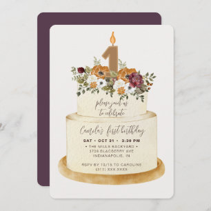 Chic Purple Fall Autumn First Birthday Cake Invitation