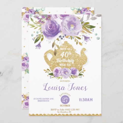 Chic Purple Floral 40th Birthday Tea Party ANY AGE Invitation