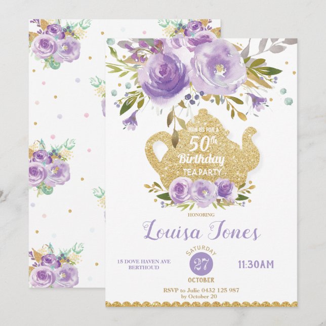 Chic Purple Floral 50th Birthday Tea Party Any Age Invitation (Front/Back)