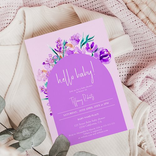 Chic purple floral arch neutral hello baby shower invitation
