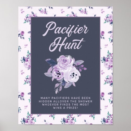 Chic Purple Floral Baby Shower Pacifier Game Sign