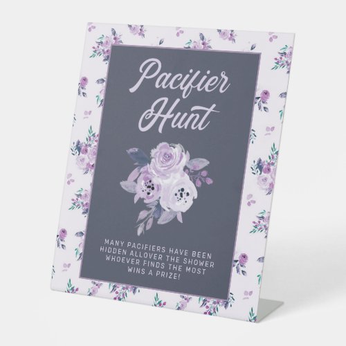 Chic Purple Floral Baby Shower Pacifier Hunt Game Pedestal Sign