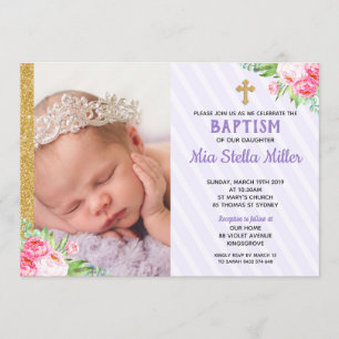 Chic Purple Floral Baptism Christening Girl Photo Invitation