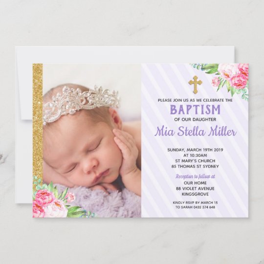 Chic Purple Floral Baptism Christening Girl Photo Invitation | Zazzle.com