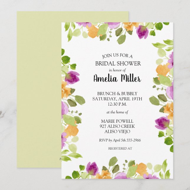 Chic Purple Floral Bridal Shower Invitations (Front/Back)