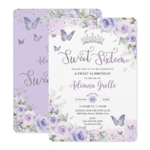 Chic Purple Floral Butterflies Sweet Sixteen 16th Invitation