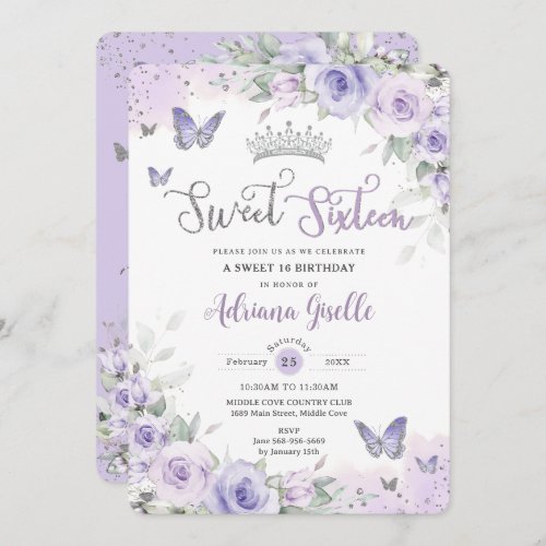 Chic Purple Floral Butterflies Sweet Sixteen 16th Invitation