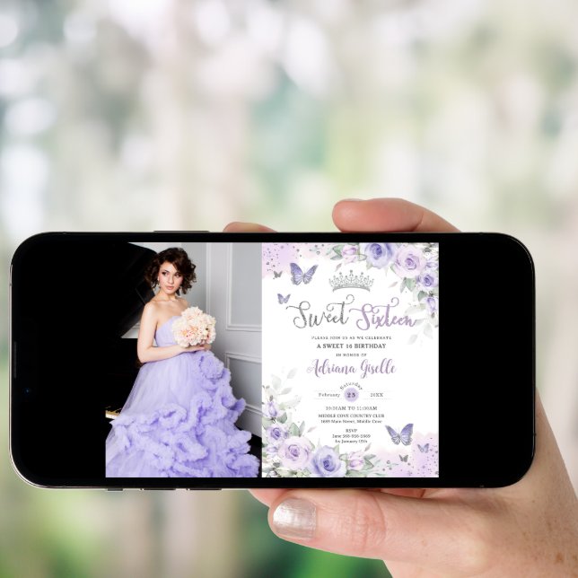 Chic Purple Floral Butterflies Sweet Sixteen Photo Invitation (Front Digital)