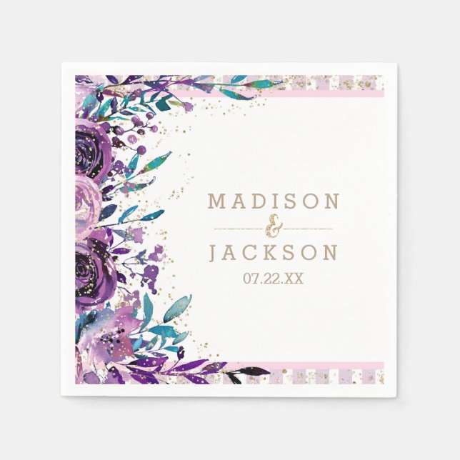 Chic Purple Floral Champagne Gold Monogram Wedding Napkins (Front)