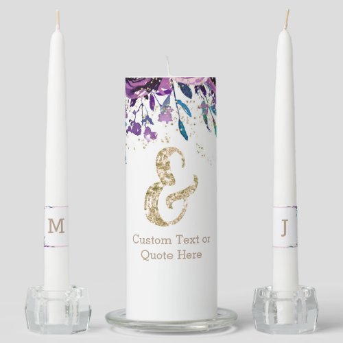 Chic Purple Floral Champagne Gold Wedding Monogram Unity Candle Set