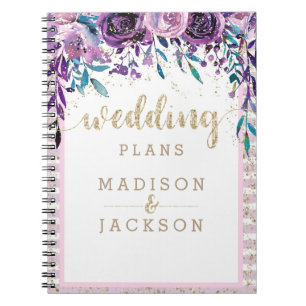 Chic Purple Floral Champagne Gold Wedding Planner Notebook