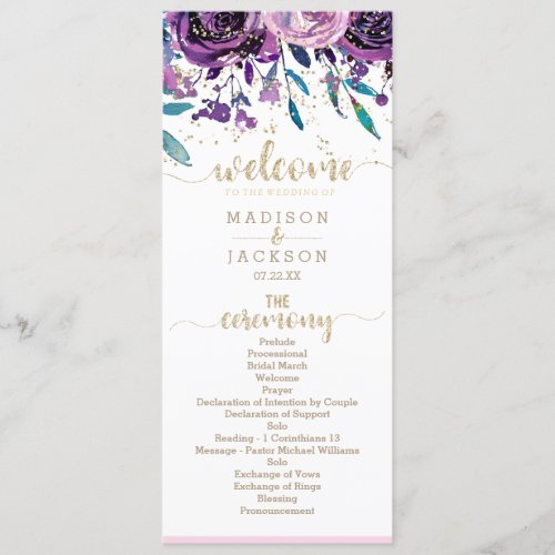 Chic Purple Floral Champagne Gold Wedding Program