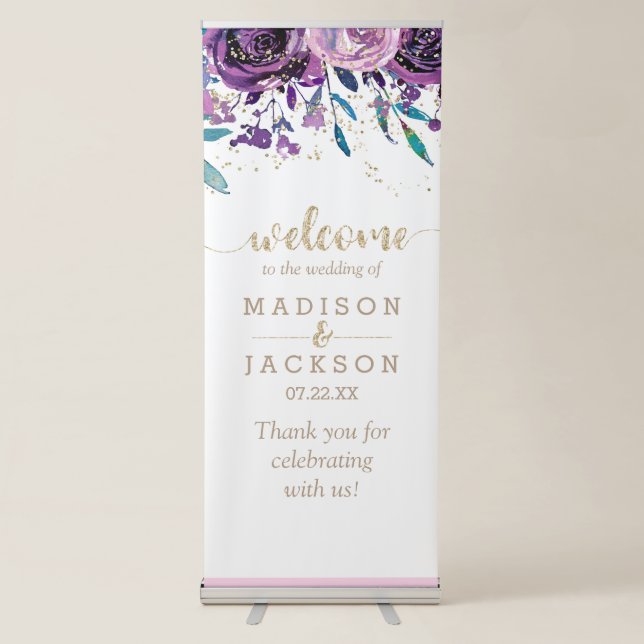 Chic Purple Floral Champagne Gold Wedding Welcome Retractable Banner (Front)