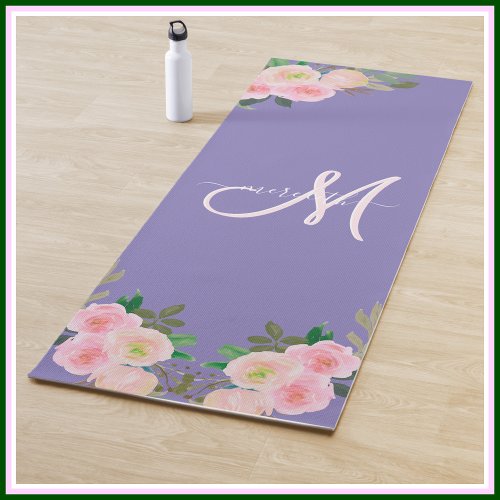 Chic Purple Floral Custom Monogram Name   Yoga Mat