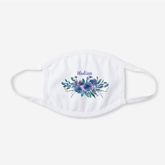 Chic Purple Floral Custom White Cotton Face Mask (Front)