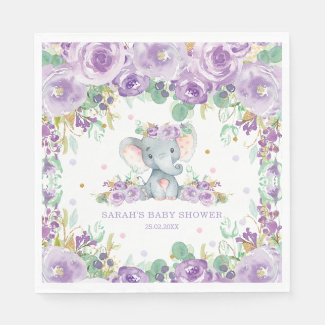 Chic Purple Floral Elephant Baby Shower Birthday Napkins (Front)