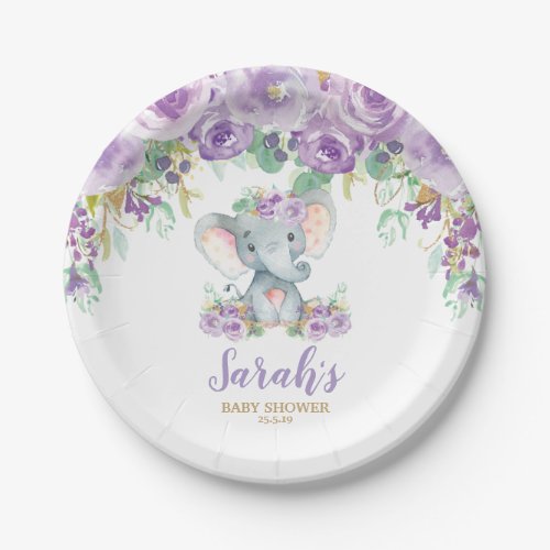 Chic Purple Floral Elephant Baby Shower Girl Paper Plates