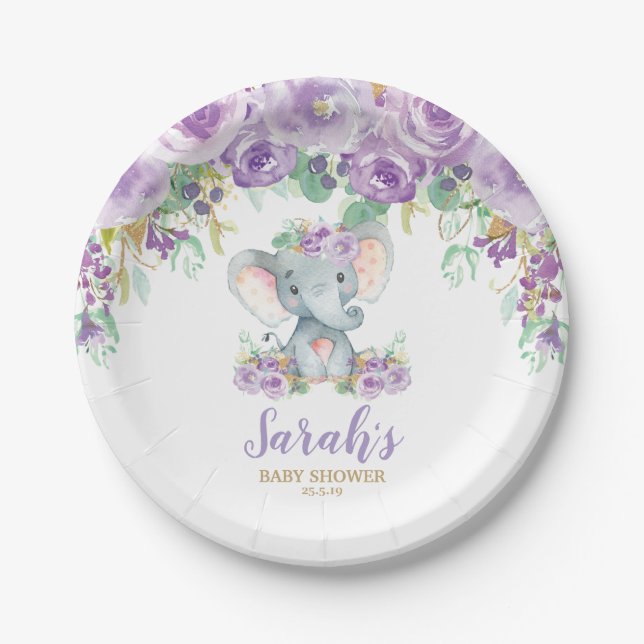 Chic Purple Floral Elephant Baby Shower Girl Paper Plates (Front)