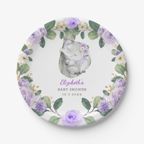 Chic Purple Floral Elephant Baby Shower Girl Paper Plates