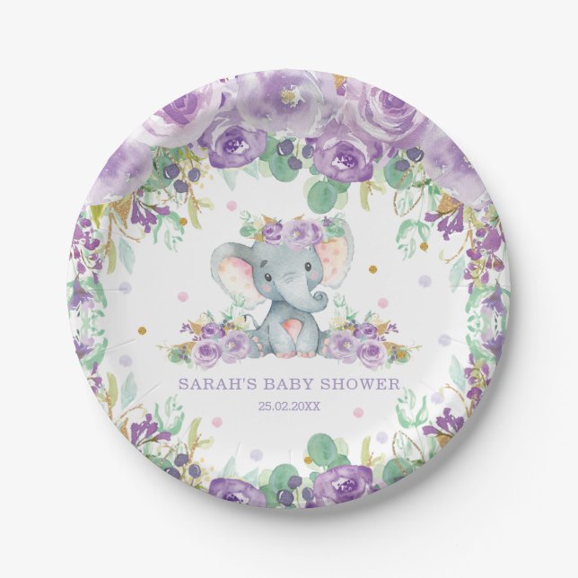 Chic Purple Floral Elephant Baby Shower Girl Paper Plates (Front)