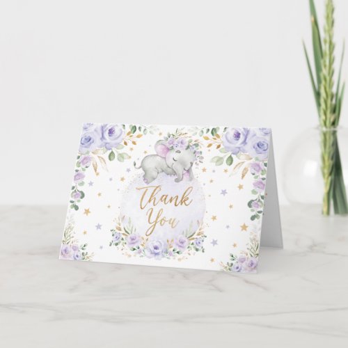 Chic Purple Floral Elephant Baby Shower Thank You Card