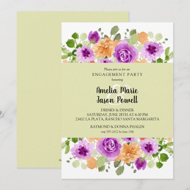 Chic Purple Floral Engagement Party Invitation (Front/Back)