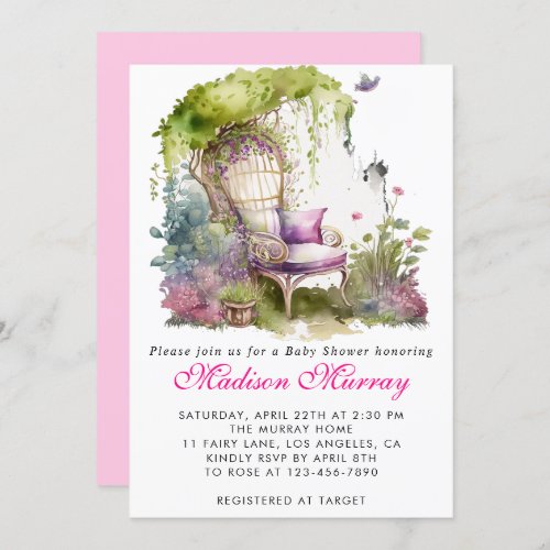 Chic Purple Floral Flower Garden Chair Baby Shower Invitation