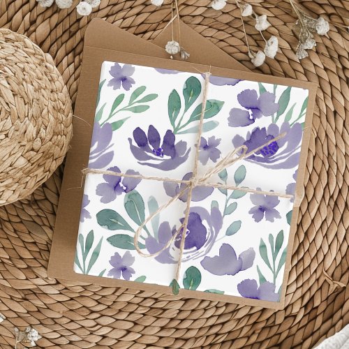 Chic Purple Floral  Foliage Watercolor Pattern Wrapping Paper Sheets