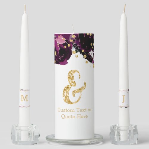 Chic Purple Floral Gold Confetti Wedding Monogram Unity Candle Set