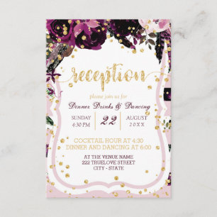 Chic Purple Floral Gold Confetti Wedding Reception Invitation