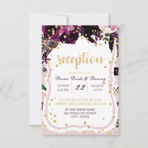 Chic Purple Floral Gold Confetti Wedding Reception Invitation