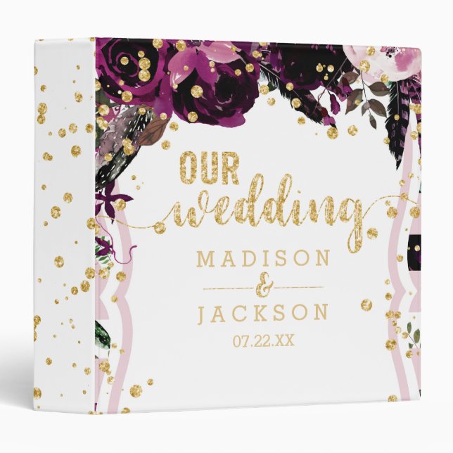 Chic Purple Floral & Gold Wedding Photo Album 3 Ring Binder (Front/Spine)