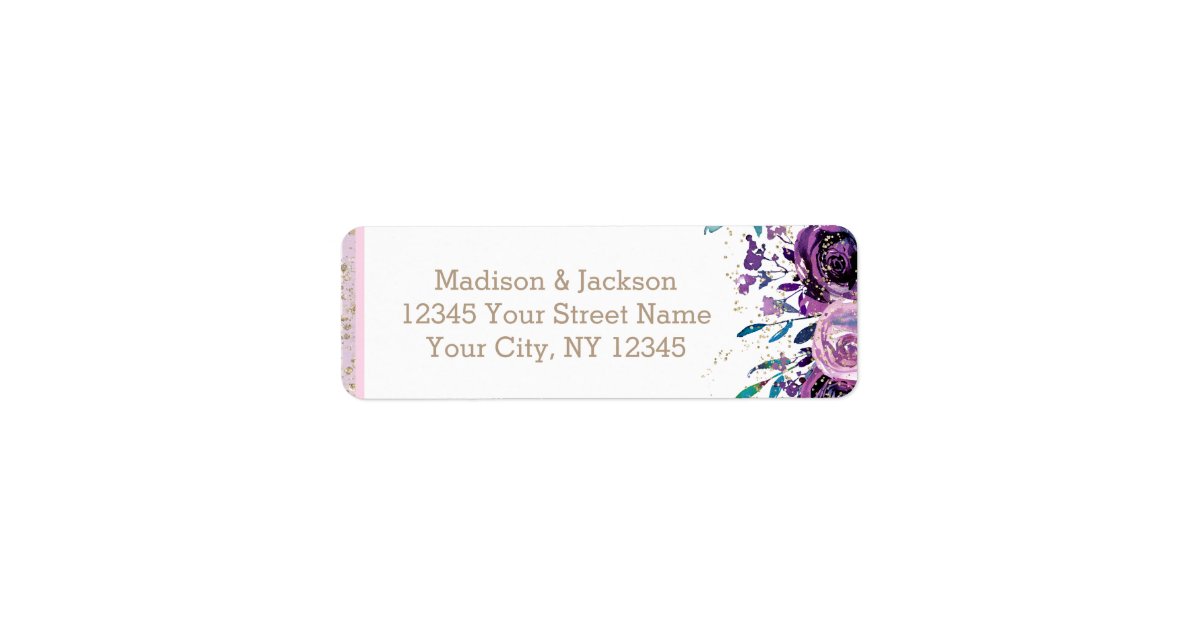 Chic Purple Floral & Gold Wedding Return Address Label | Zazzle