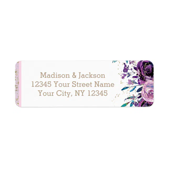 Chic Purple Floral & Gold Wedding Return Address Label | Zazzle
