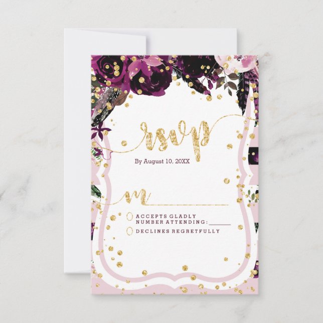 Chic Purple Floral & Gold Wedding RSVP Response (Front)