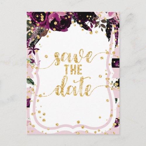 Chic Purple Floral  Gold Wedding Save the Date Announcement Postcard