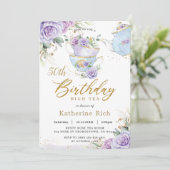 Chic Purple Floral High Tea 50th Birthday Party Invitation (Standing Front)