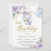 Chic Purple Floral High Tea 50th Birthday Party Invitation (Front)