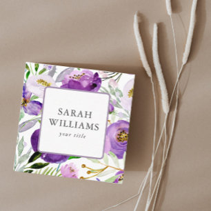Chic Purple Floral Nature Elegant Editable Square  Business Card