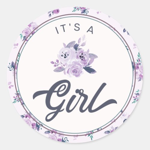 Chic Purple Floral New Baby Its a Girl Favor Classic Round Sticker
