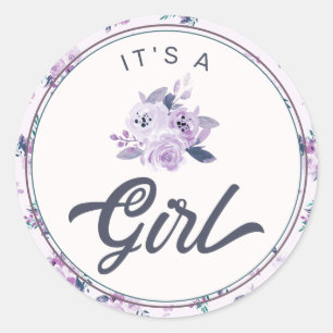 Chic Purple Floral New Baby It's a Girl Favor Classic Round Sticker
