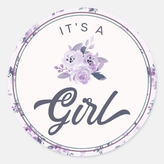 Chic Purple Floral New Baby It's a Girl Favor Classic Round Sticker (Front)