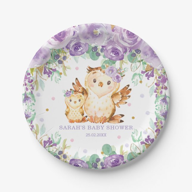 Chic Purple Floral Owl Baby Shower Girl Paper Plates (Front)