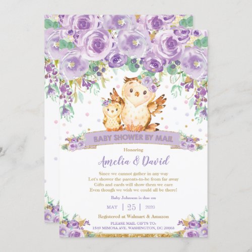 Chic Purple Floral Owl Virtual Baby Shower by Mail Invitation