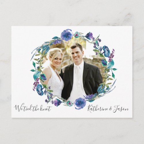 Chic Purple Floral Photo We Tied the Knot Wedding Postcard