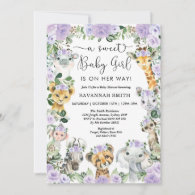 Chic Purple Floral Safari Animals Girl Baby Shower Invitation