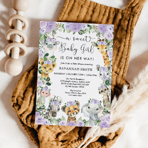 Chic Purple Floral Safari Animals Girl Baby Shower Invitation
