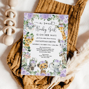 Chic Purple Floral Safari Animals Girl Baby Shower Invitation